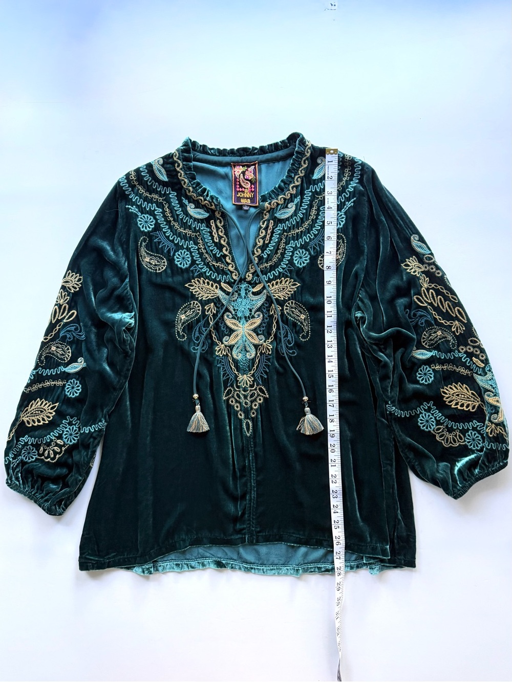 Johnny Was Shira Velvet Field Blouse Peacock Teal Blue Green L $348 - Picture 12 of 15